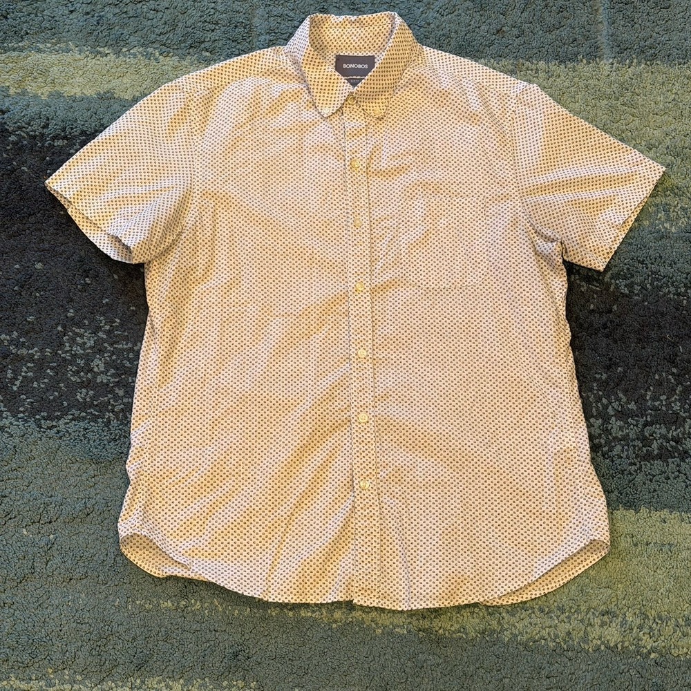 Bonobos Slim Fit Short Sleeve Button Down Shirt White Geometric Men's Large